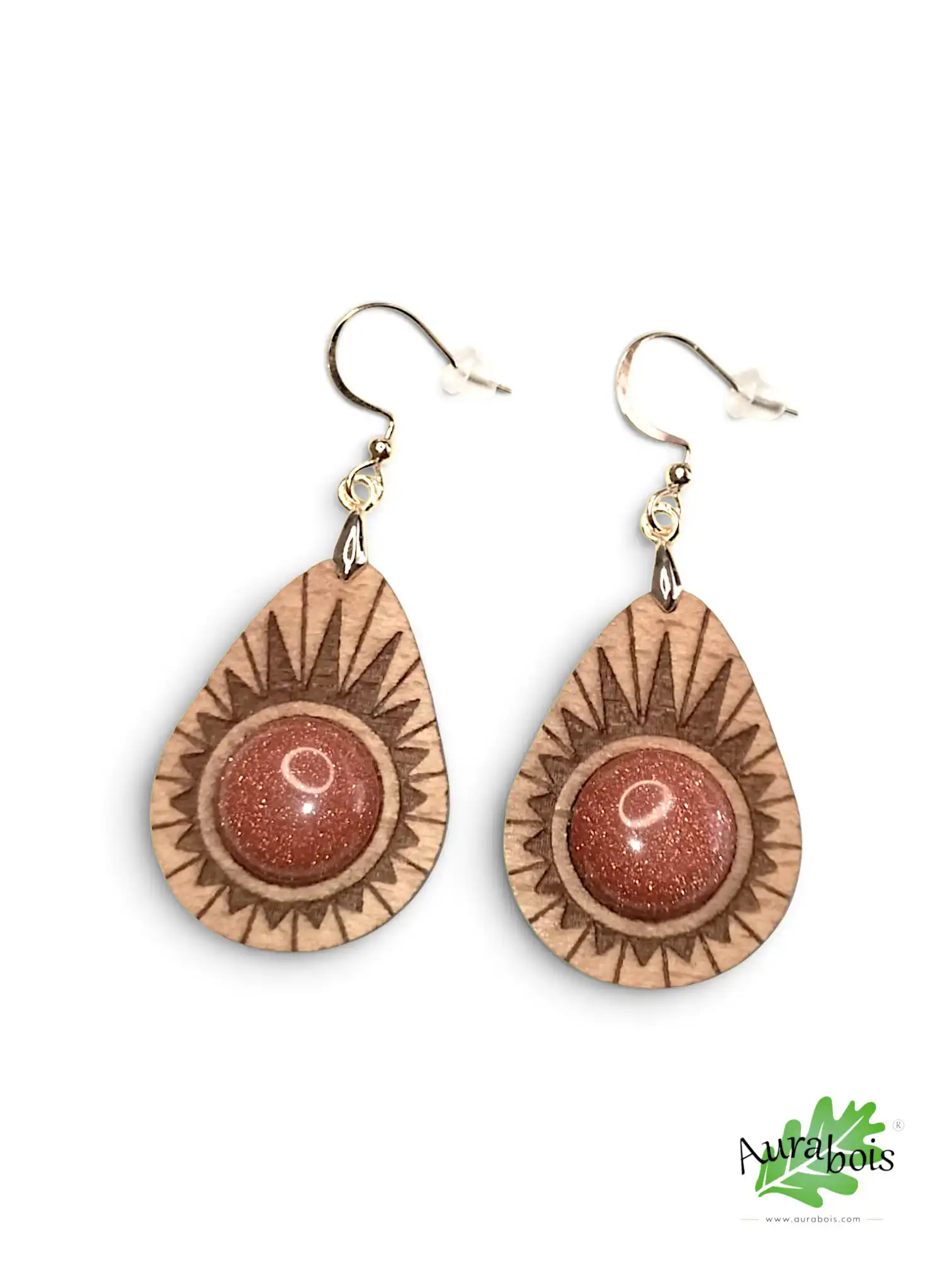 Boucles d’oreilles "Avocat" en bois hêtre et pierre du Soleil 3 Boucles d’oreilles Avocat en hêtre massif huilé avec pierre naturelle du Soleil orange