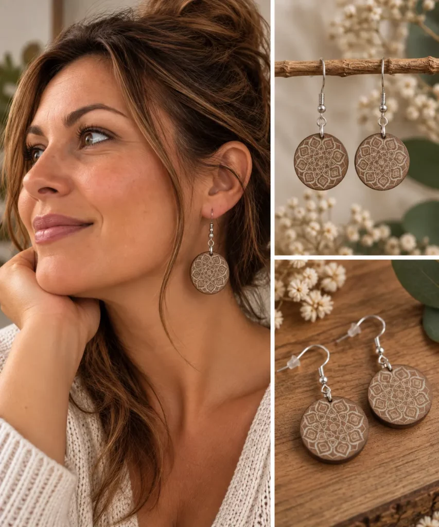 Boucles d’oreilles Mandana en hêtre massif huilé avec gravure symbole de la vie et incrustation blanche