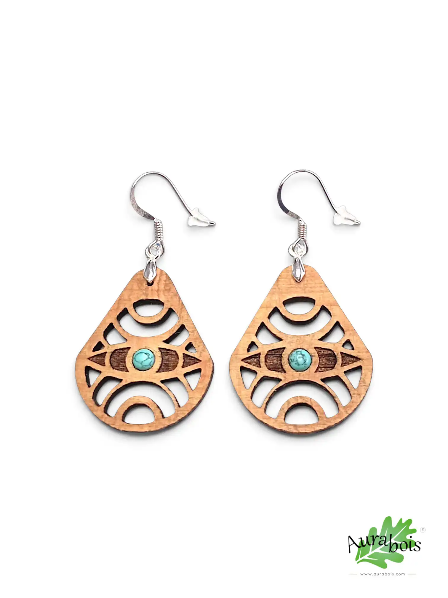 Boucles d'oreilles en bois de hêtre massif "Providence" 2 Boucles d’oreilles Providence en hêtre massif avec pierre naturelle turquoise incrustée