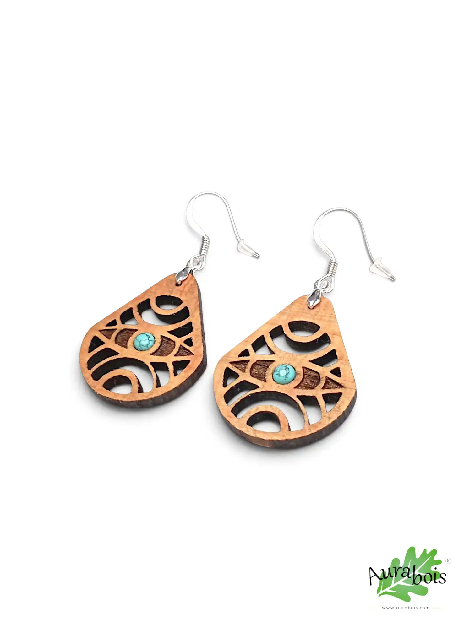 Boucles d'oreilles en bois de hêtre massif "Providence" 3 Boucles d’oreilles Providence en hêtre massif avec pierre naturelle turquoise incrustée