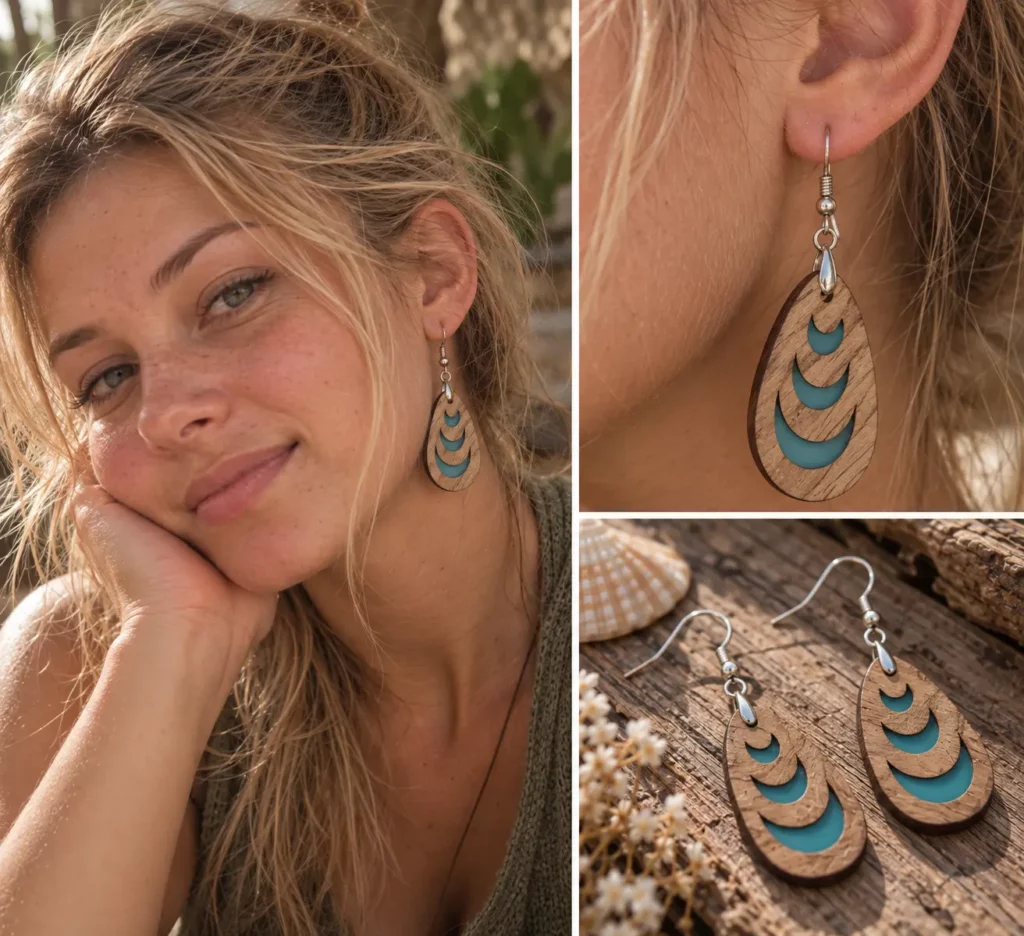 Boucles d’oreilles Shell en chêne massif avec résine bleue mate et accroches en laiton plaqué argent