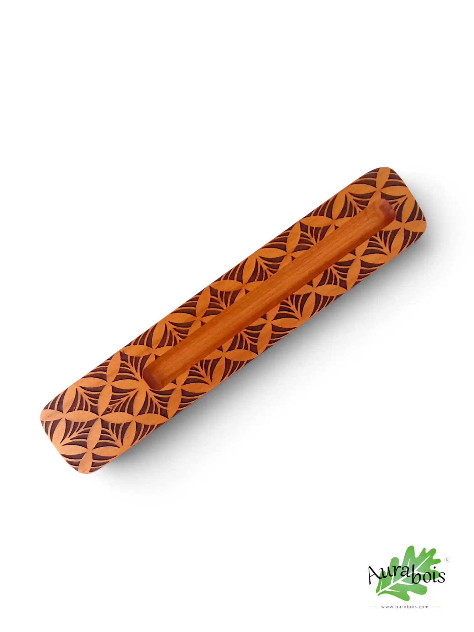 Porte-encens en bois de merisier – Modèle "Plume" – Fait main 2 Support encens fait main en bois massif, motif plume stylisée gravée.