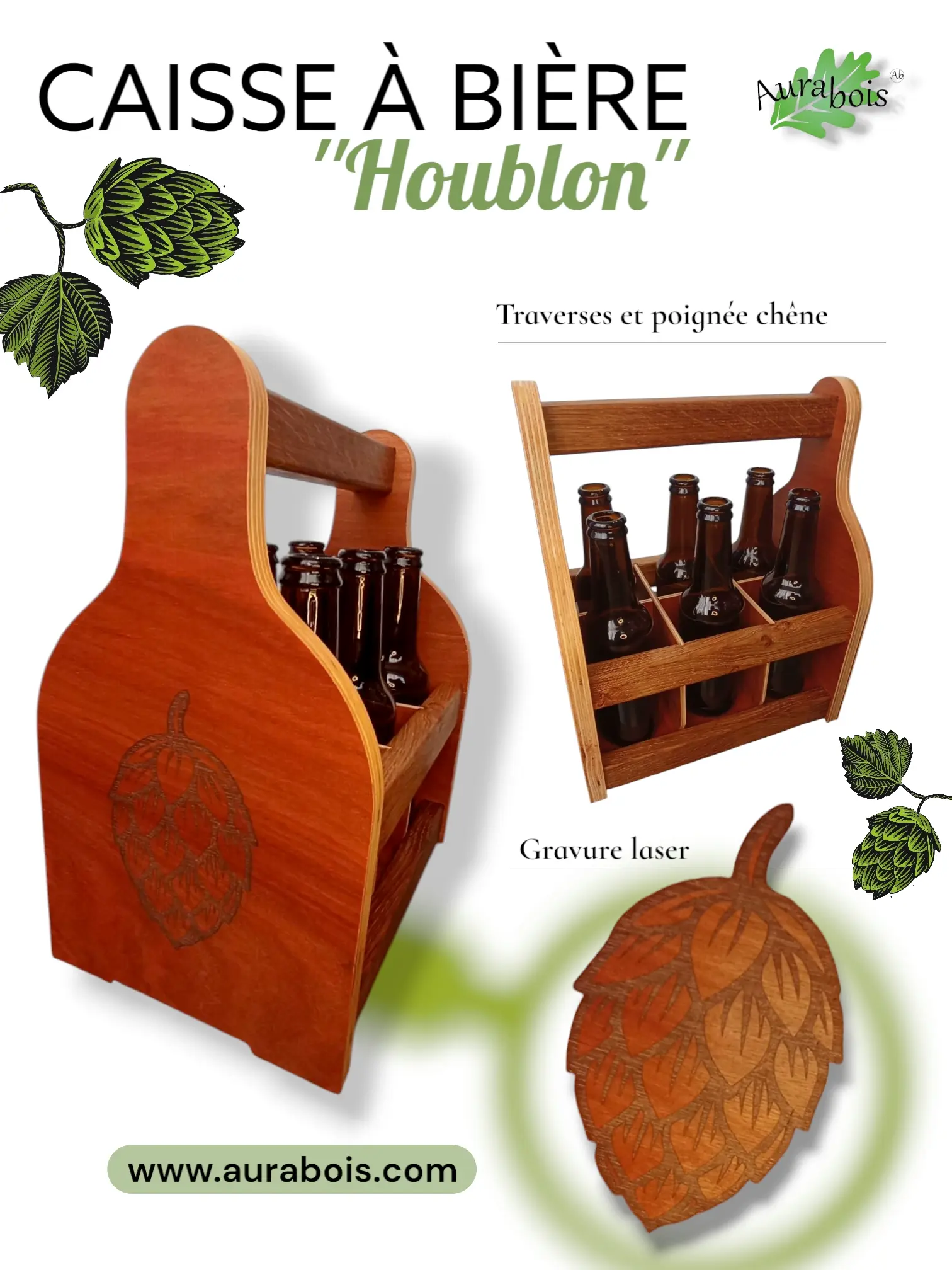 Composition service verres à bière et cocktail (x6 verres) et support en bois massif 5 Caisse à bière en bois massif pour service 6 verres ou bouteilles de 33cl - Artisanat français