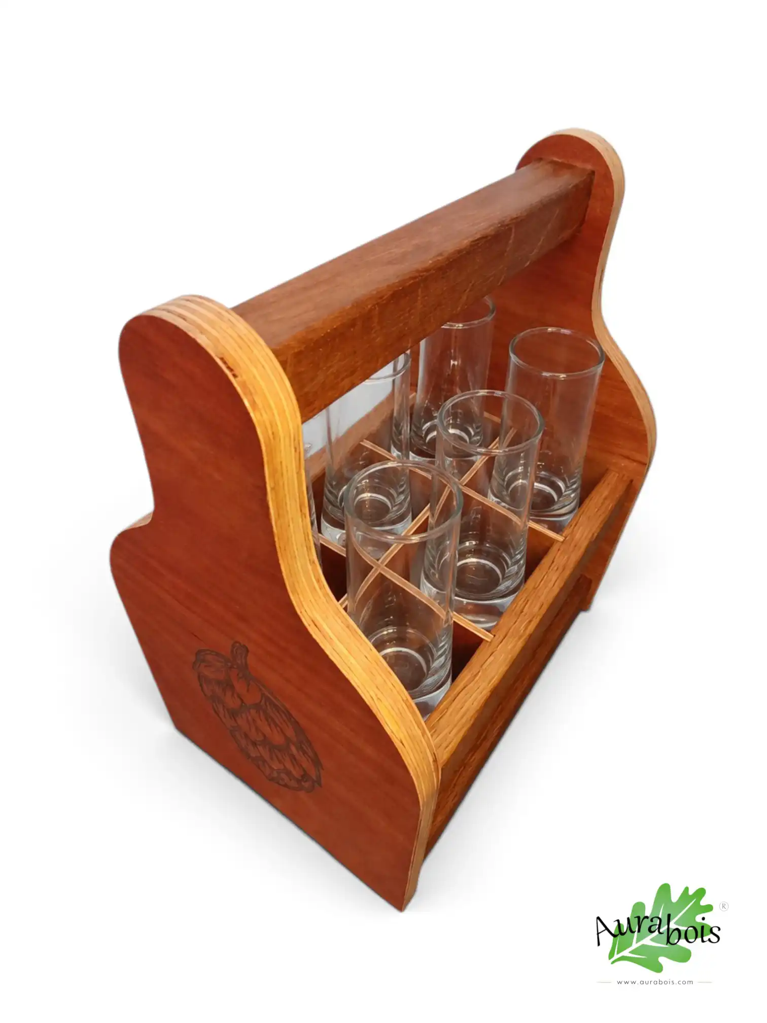 Composition service verres à bière et cocktail (x6 verres) et support en bois massif 1 Caisse à bière en bois massif pour service 6 verres ou bouteilles de 33cl - Artisanat français