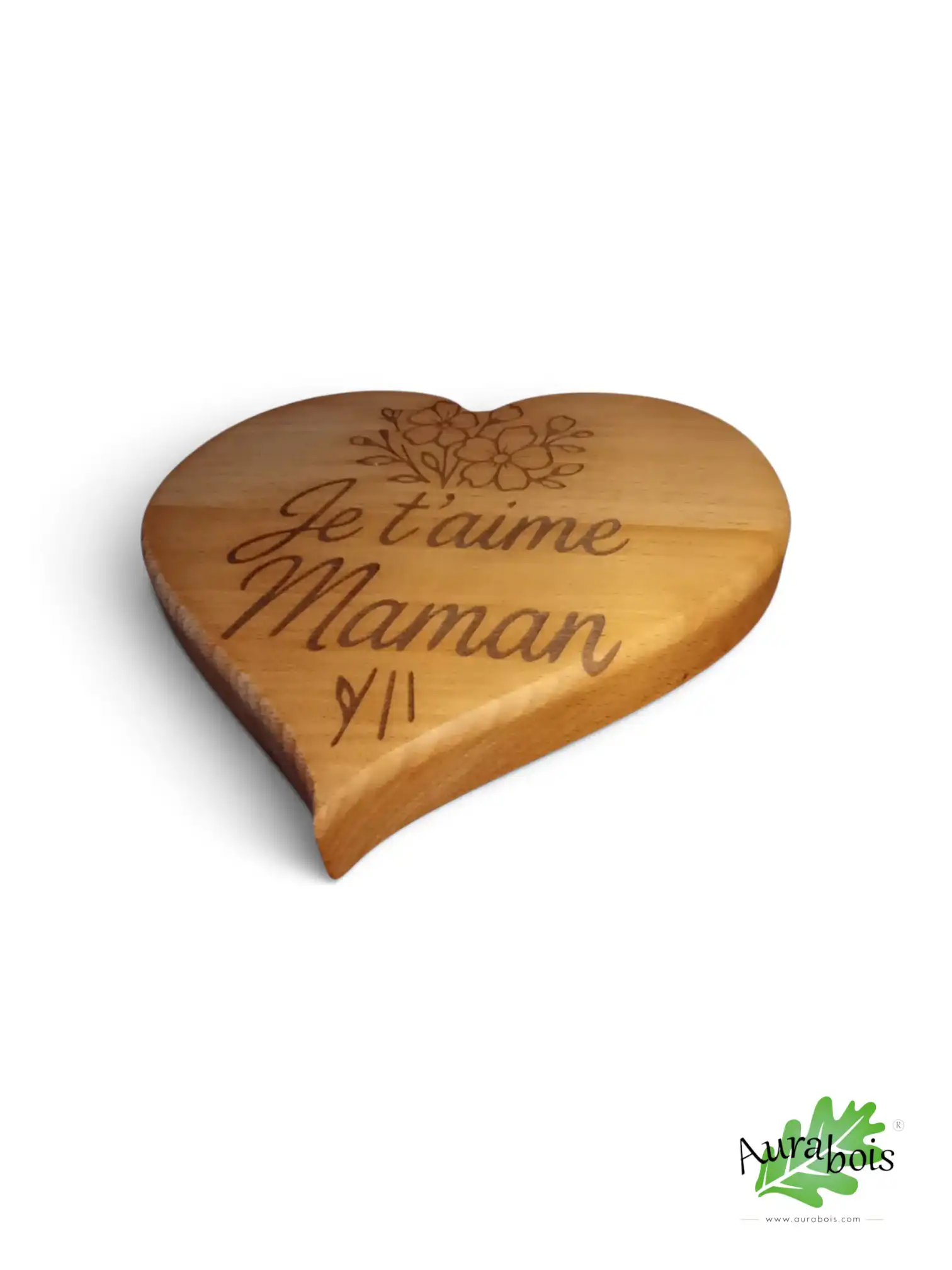 Dessous de plat cœur « Je t'aime Maman » – Gravure laser – Bois de hêtre – Cadeau fête des mères 2 Dessous de plat cœur en hêtre massif gravé « Je t'aime Maman » avec motifs floraux