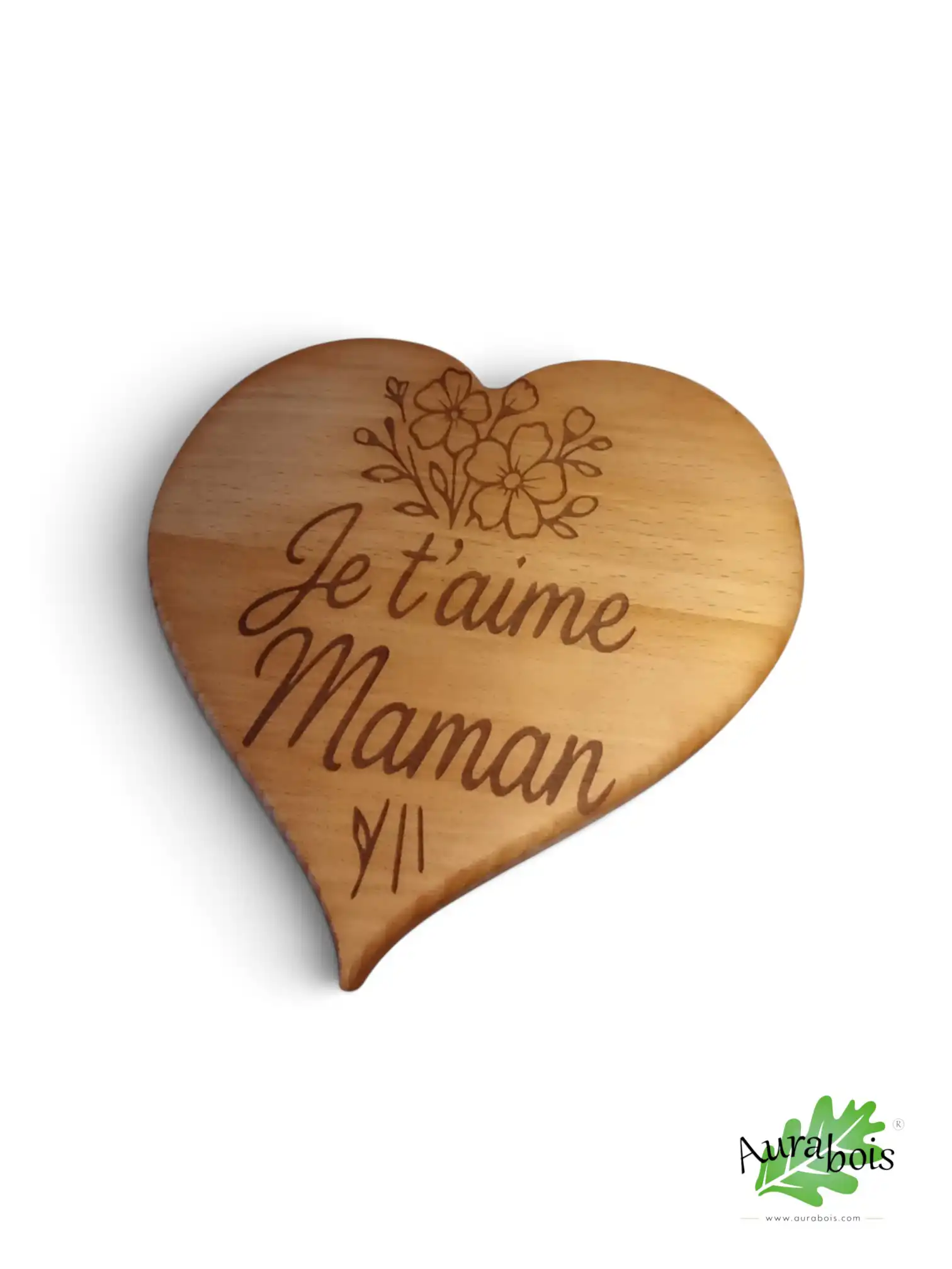 Dessous de plat cœur « Je t'aime Maman » – Gravure laser – Bois de hêtre – Cadeau fête des mères 1 Dessous de plat cœur en hêtre massif gravé « Je t'aime Maman » avec motifs floraux
