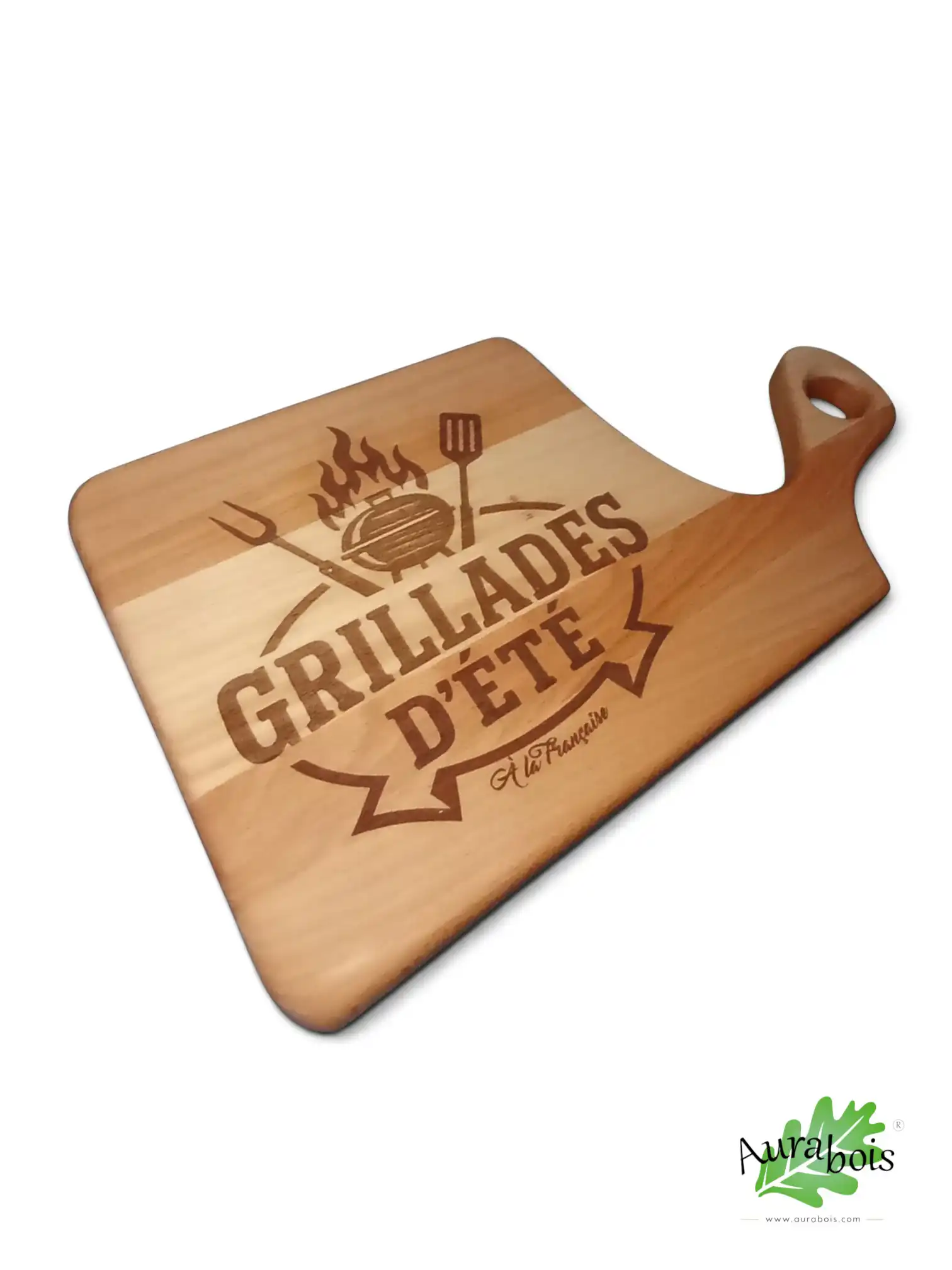 Planche à découper "Grillades d'été" - Bois massif 1 Planche à découper en bois de hêtre gravée "Grillades d'été" avec poignée