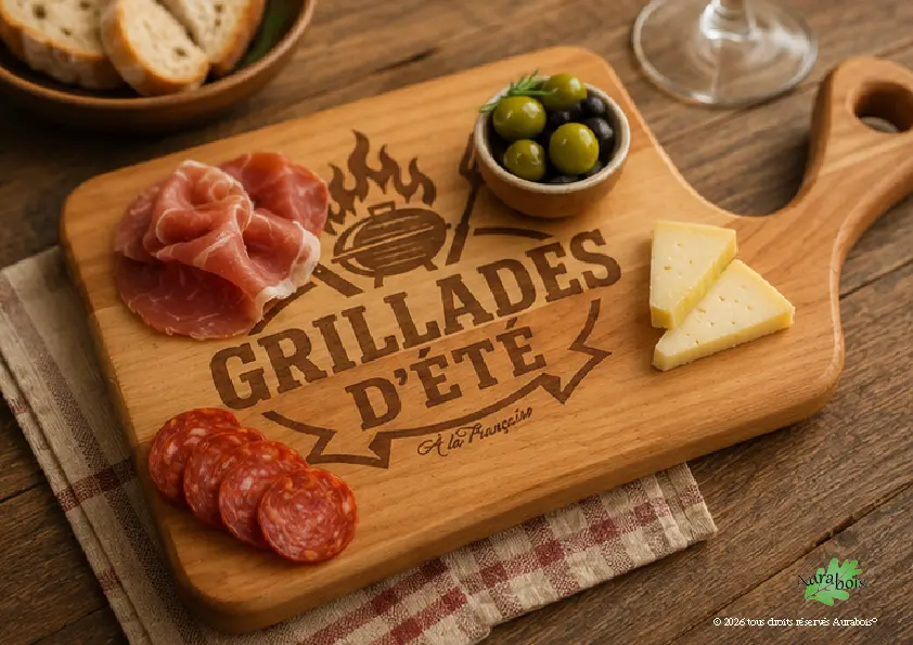Planche à découper "Grillades d'été" - Bois massif 3 Planche à découper en bois de hêtre gravée "Grillades d'été" avec poignée
