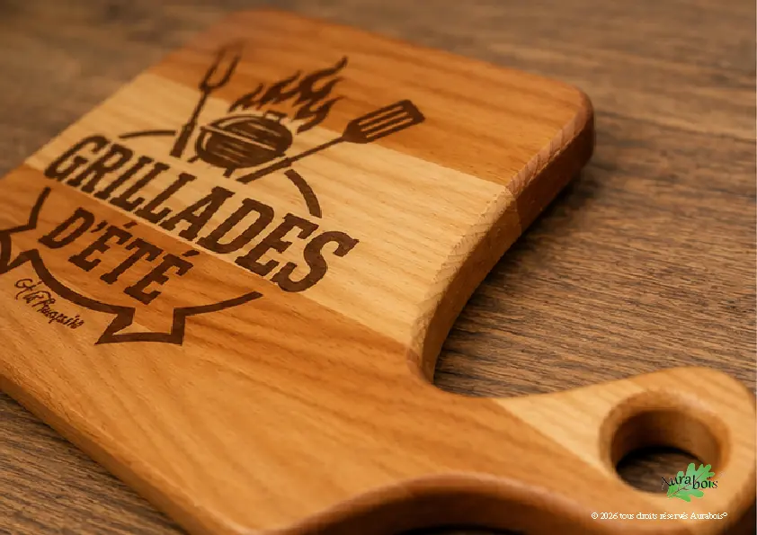 Planche à découper "Grillades d'été" - Bois massif 4 Planche à découper en bois de hêtre gravée "Grillades d'été" avec poignée