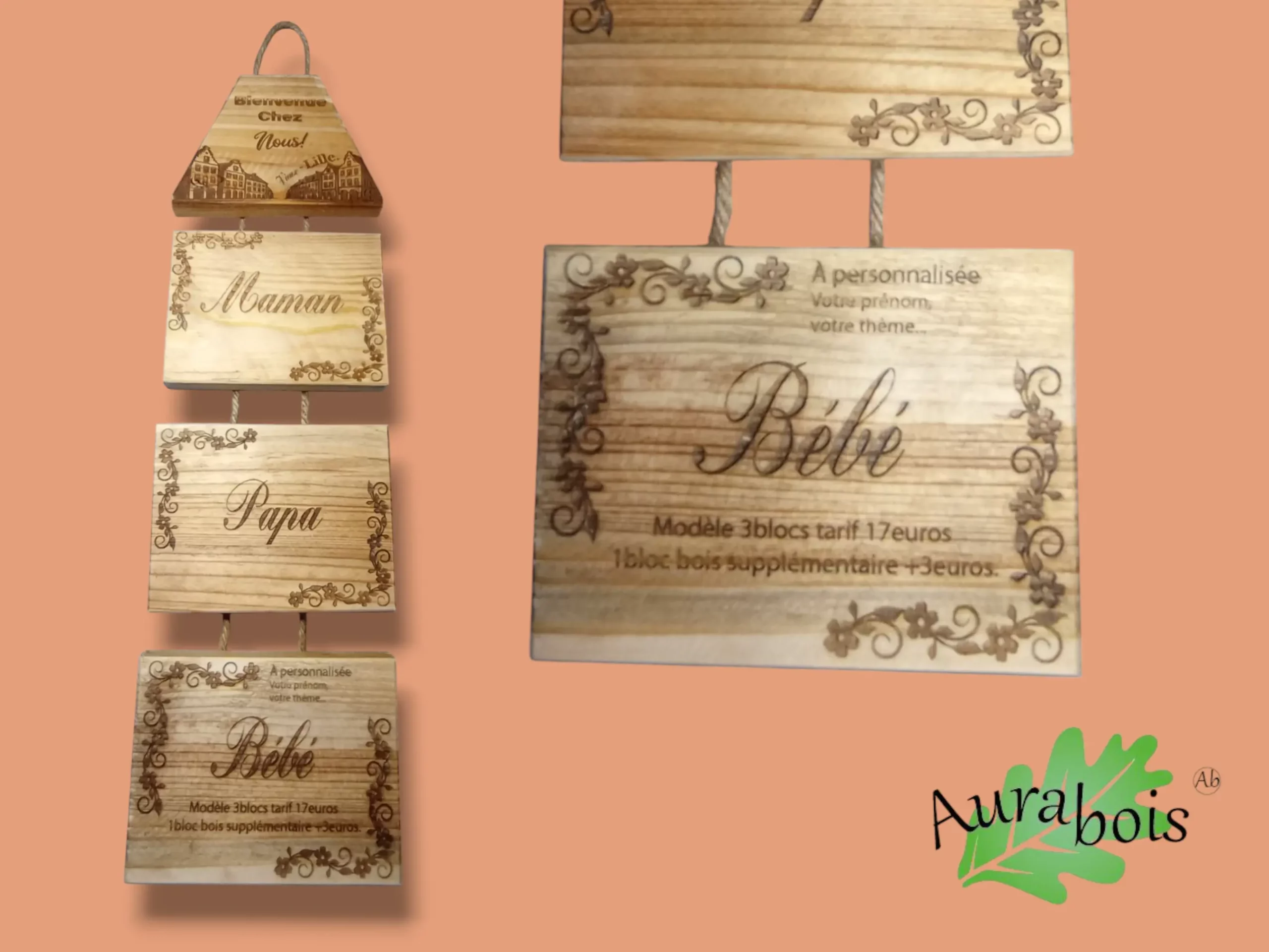 Décoration murale personnalisée en bois "Bienvenue chez Nous" – Vieux Lille 2 Décoration murale personnalisée en bois gravé – thème Vieux Lille avec prénoms