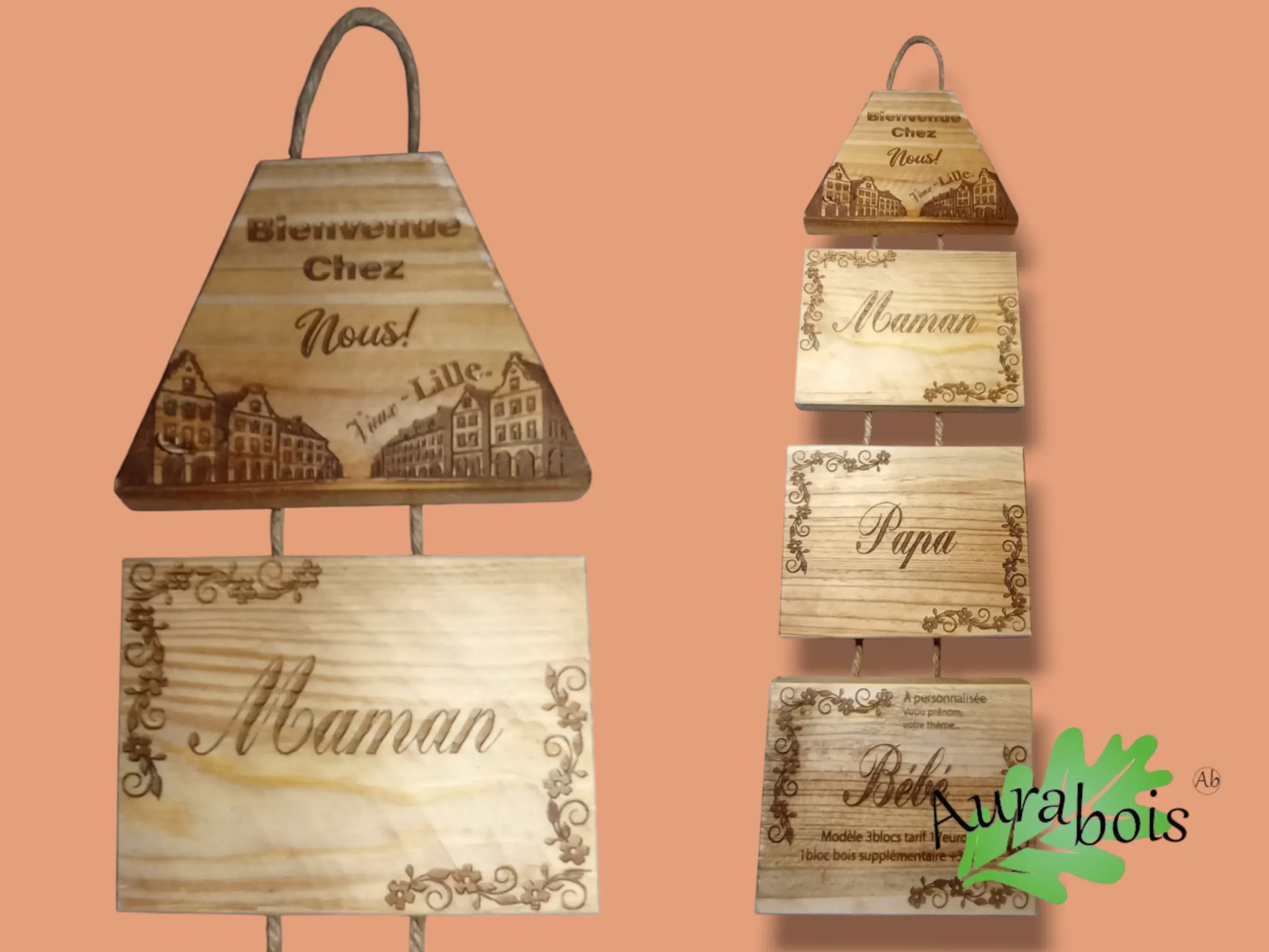 Décoration murale personnalisée en bois "Bienvenue chez Nous" – Vieux Lille 1 Décoration murale personnalisée en bois gravé – thème Vieux Lille avec prénoms