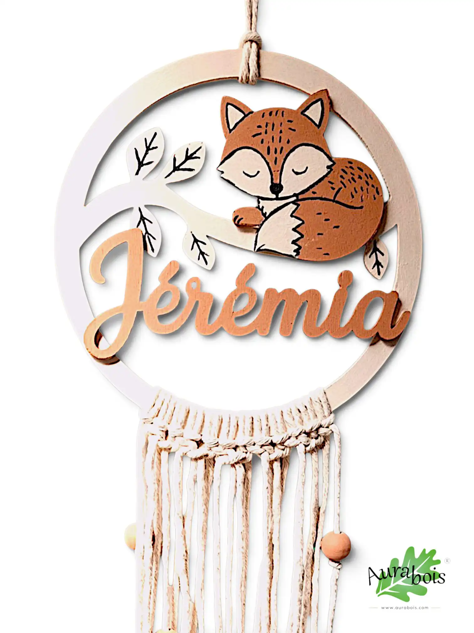 Attrape-rêves personnalisable “Renard” – Décoration bohème en bois 2 Attrape-rêves personnalisable “Renard” – Décoration bohème en bois avec macramé et perles en bois, décoration artisanale bohème pour chambre enfant.