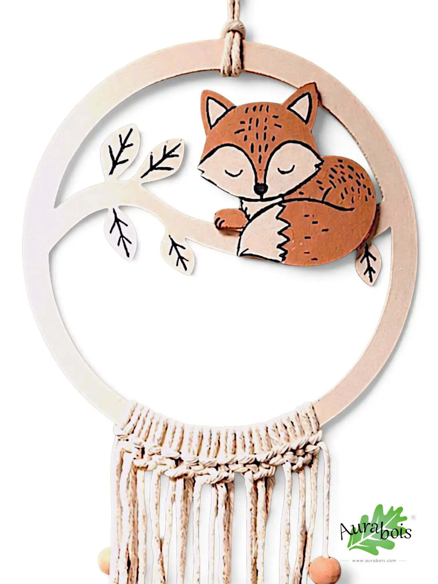 Attrape-rêves personnalisable “Renard” – Décoration bohème en bois 3 Attrape-rêves personnalisable “Renard” – Décoration bohème en bois avec macramé et perles en bois, décoration artisanale bohème pour chambre enfant.