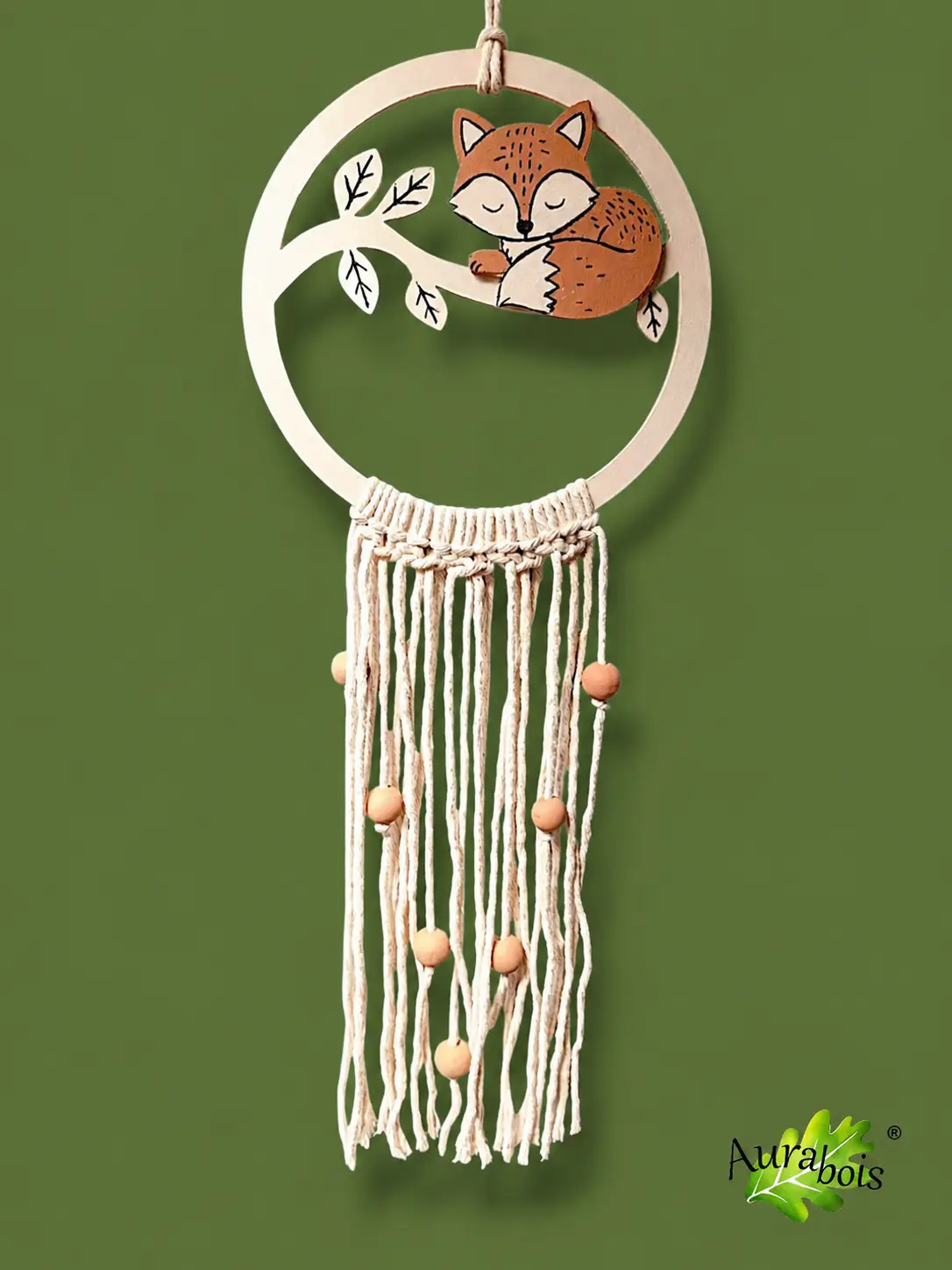 Attrape-rêves personnalisable “Renard” – Décoration bohème en bois 5 Attrape-rêves personnalisable “Renard” – Décoration bohème en bois avec macramé et perles en bois, décoration artisanale bohème pour chambre enfant.